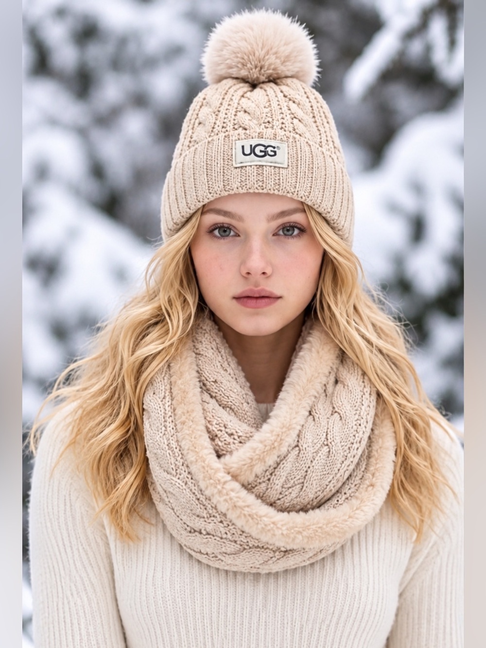 UGG Australia NWT Cream Cable Knit Pom Pom Beanie Faux Fur Infinity Scarf Set